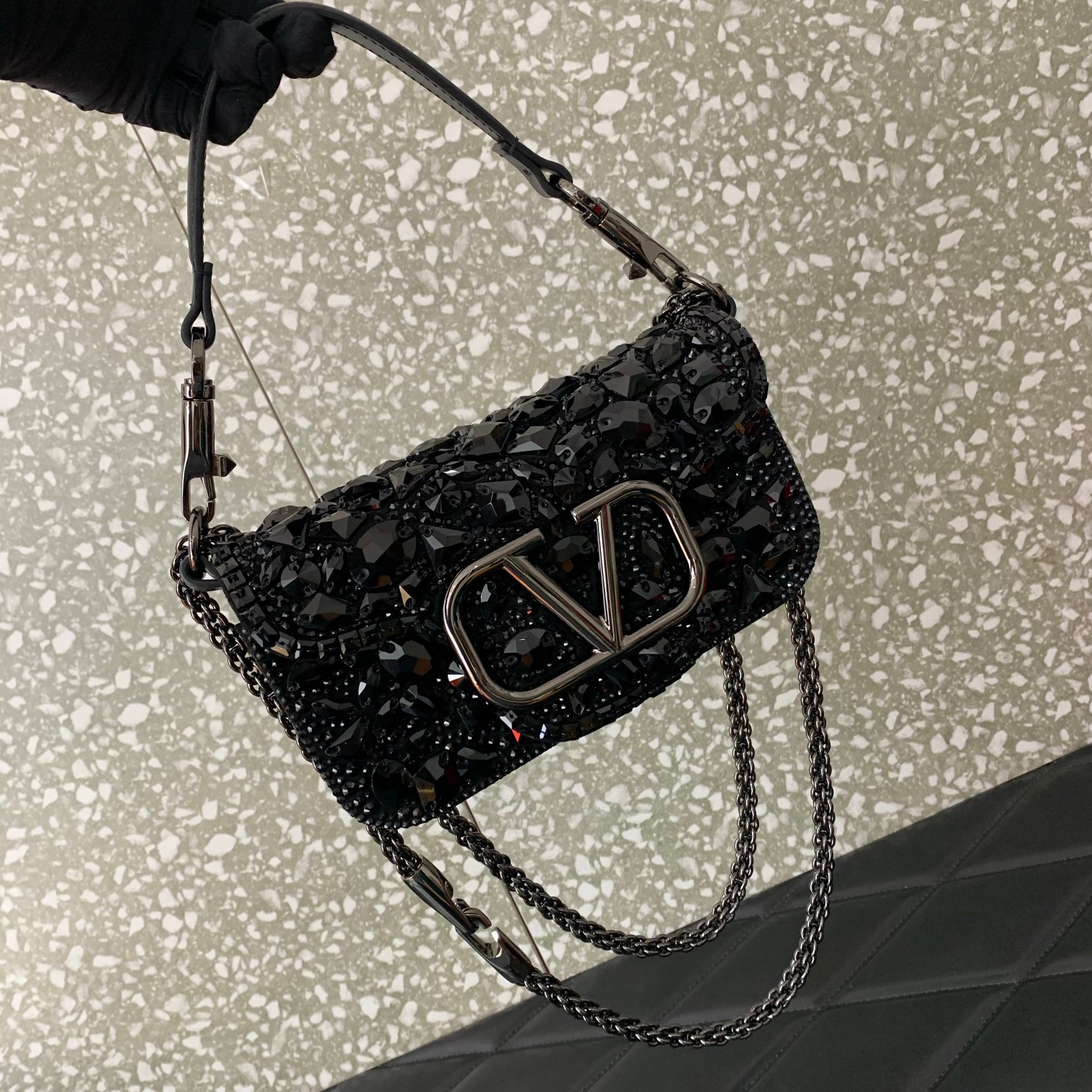 Valentino Garavani Loco Small Shoulder Bag Covered in Black Crystals 